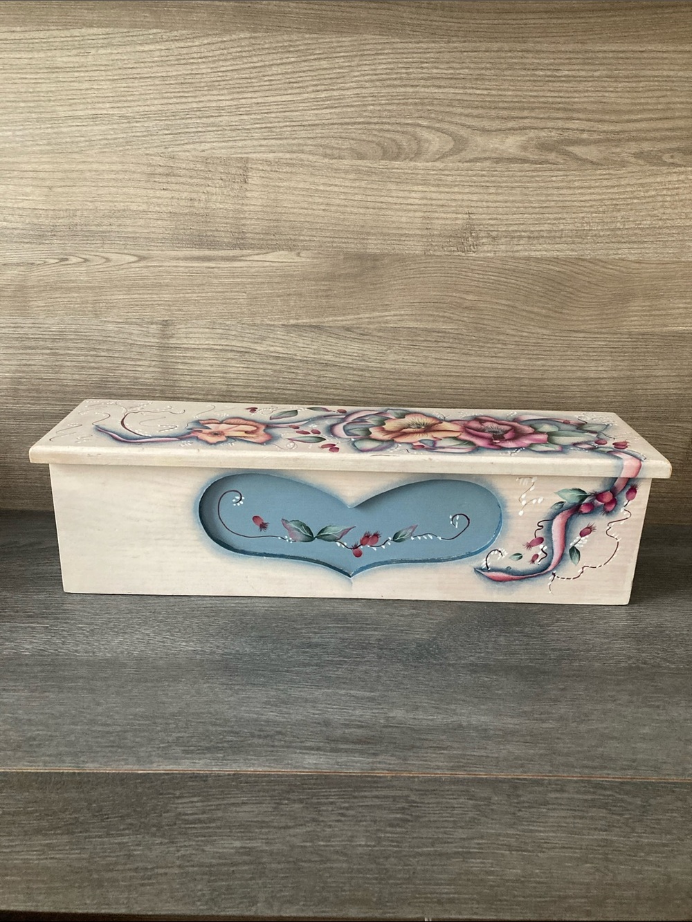 Vintage Blue and Pink Floral Hand painted Toleware Box with Lid